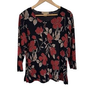 Vintage Notations Top Womens XL Black Red Flower Whimsigoth Vamp Fall Textured